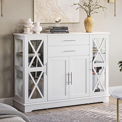 BELLEZE Sideboard Buffet Cabinet, 47 Inch Storage Cabinet Console Table Coffee Bar Cabinet Kitchen Cupboard Pantry Cabinet Glass Display Cabinet for Lving Room Entryway Dining Room, White