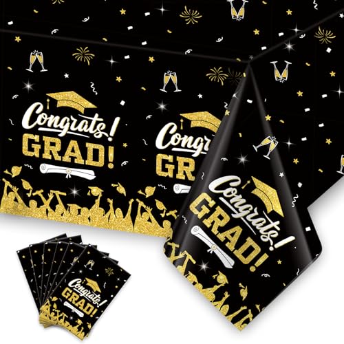 Image of 6 PCS Graduation Tablecloth, Graduation Decorations 2026, Black Gold Graduation Tablecloth Disposable, Plastic Congrats Grad Table Decoration for Class of 2026 Graduation Party Decorations, 108 inch X 54 inch