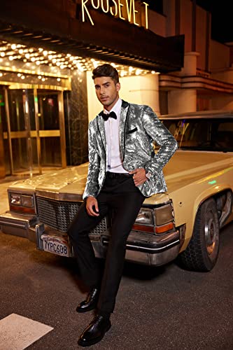 COOFANDY Shiny Sequins Suit Jacket Blazer One Button Tuxedo for Party,Wedding,Banquet,Christmas,Nightclub,Silver,Small - Thumbnail 2