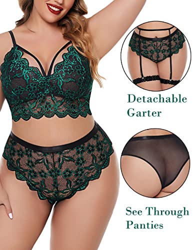 Avidlove Plus Size Lingerie for Women Floral Lace Scallop Trim Bra High Waist Panties Set Garter Lingerie Set (18 Plus, Green)