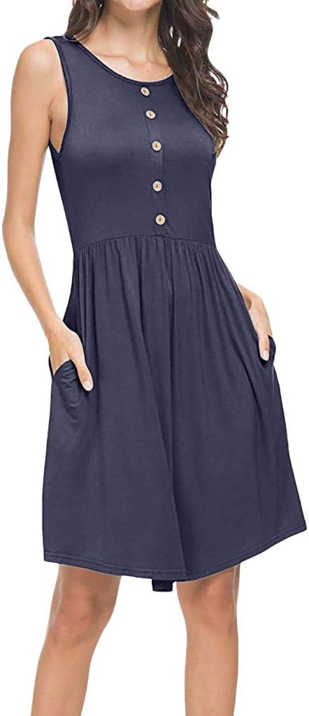 Adeliber Women's Summer Sleeveless Dress Casual Loose T-Shirt Dress Holiday Cocktail Beach Pocket Dress