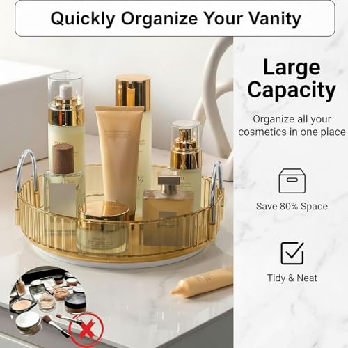 Image of JD FRESH 360 Degree Rotating Makeup Organizer 1 Layer Cosmetic Storage Box Vanity Stand with Drawers for Lipsticks Skincare Perfume Bathroom Countertop Dressing Table Organizer (Light Gold)