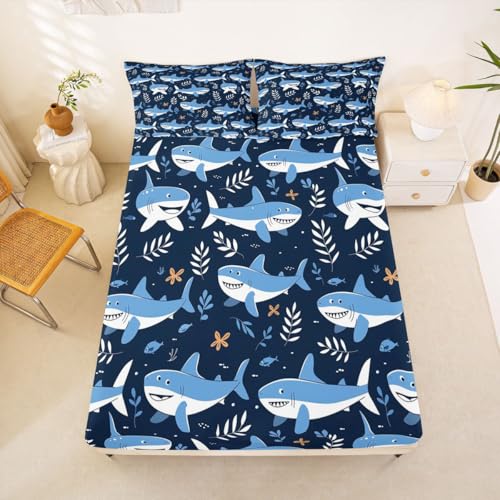 Image of jejeloiu Shark Bed Sheets Set Queen Size Ocean Decor Deep Pocket Fitted Sheet Sea Animal Bedding Sets Marine Life Soft Bed Set 4Pcs with 2 Pillow Cases