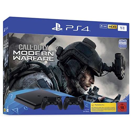 PlayStation 4 Slim inkl. 2 Controller und Call of Duty: Modern Warfare - Konsolenbundle (1TB, schwarz, Slim)