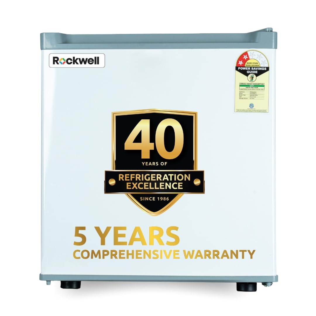 ROCKWELL 47L Mini Refrigerator with Freezer, 2 Star, White, 5 Year Warranty | Direct Cool Technology, Adjustable Shelves, Ideal for Bedrooms, Hostels, Small Spaces & Offices