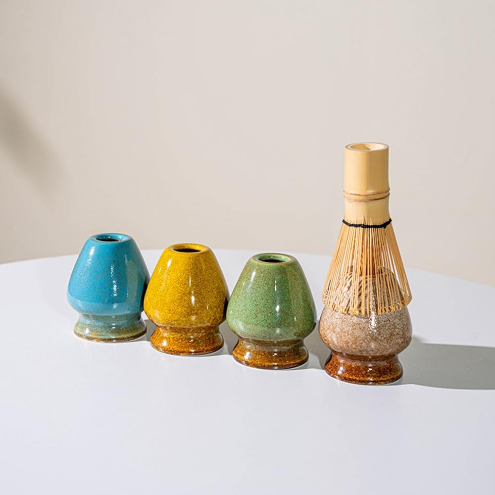 Juego de 8 batidores de matcha con caja de regalo, juego tradicional de ceremonia de té japonés, juego de cuencos de cerámica para cambiar el horno, juego de cuencos de matcha a rayas horizontales