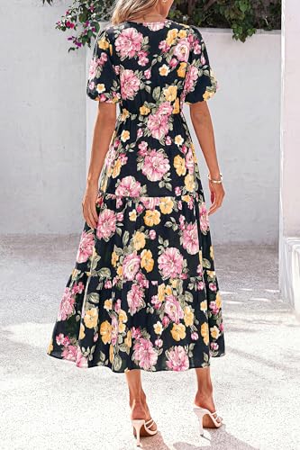 dowerme Women Summer Puff Short Sleeve Floral Boho Tiered Ruffle Maxi Dress - image 5