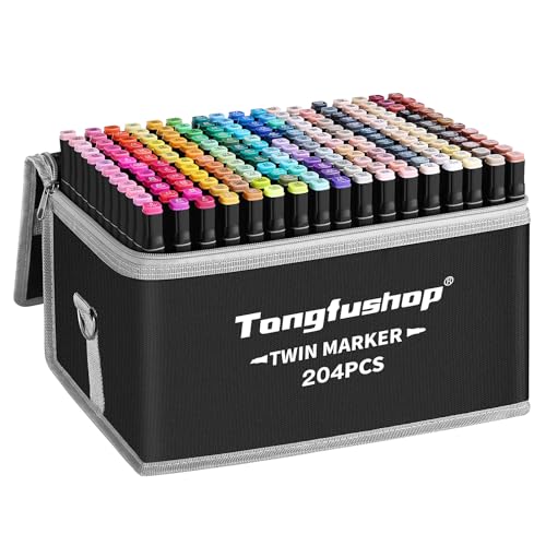 Tongfushop 204 Couleurs Feutre a Alcool, Feutres Coloriage Adulte, Marqueurs Double Pointe avec Pochette de Transport et Espaceur, Séchage Rapide Marqueur Permanent pour Animation Art Esquisse