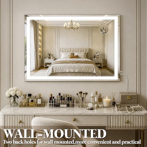 Image of FENNIO Large Vanity Mirror with Lights,35.5 inch x 27 inch LED Makeup Mirror,Hollywood Mirror with 3 Color Modes & Adjustable Brightness,Vanity Mirror Square Gold