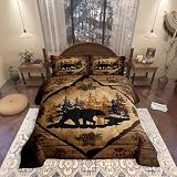 Lodge Cabin Comforter Set King Size 3 Pcs,Bear Wild Animal Silhouette Print Bedding Set for Kids Teens Adults,Jungle Pine Trees Brown Wooden Stripes Rustic Quilted Comforter with 2 Pillowcases
