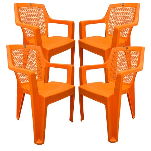 Image of SkyGlamour Cello Sonet Plastic Chair | Mid Size Plastic Chair for Home, Living Room, Garden Indoor and Outdoor use |Plastic Chairs Set of 4 (Colour: Orange; Set of 4)