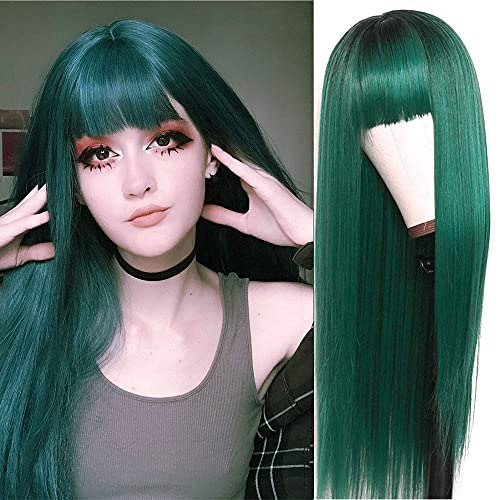 Fureya Full Wigs for Women Synthetic Ombre Blue Straight Hair with Bangs Heat Resistant Hair Cosplay Costume Wig 24 inches Daily Party No Lace Natural Hair