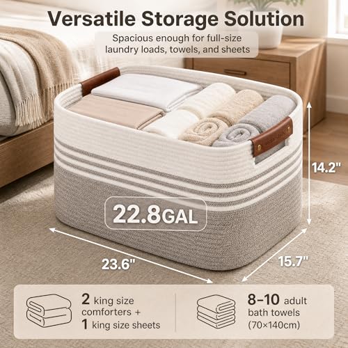 Image of Cotton Rope Laundry Basket Extra Large, 22.8GAL Collapsible Woven Storage Baskets for Living Room Kids Toys Stuffed Animal,Boho Rectangular Decorative Hamper for Dirty Clothes, Blankets White Brown
