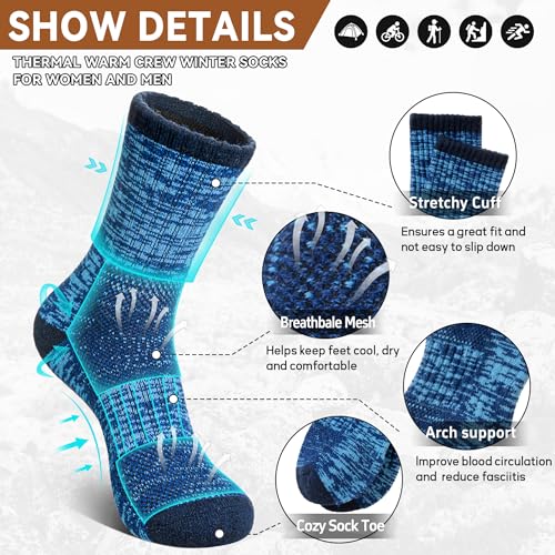 Eocom Merino Wool Hiking Socks for Women & Men Thermal Winter Warm Work Cushion Outdoor Crew Boot Socks 5 Pairs 5