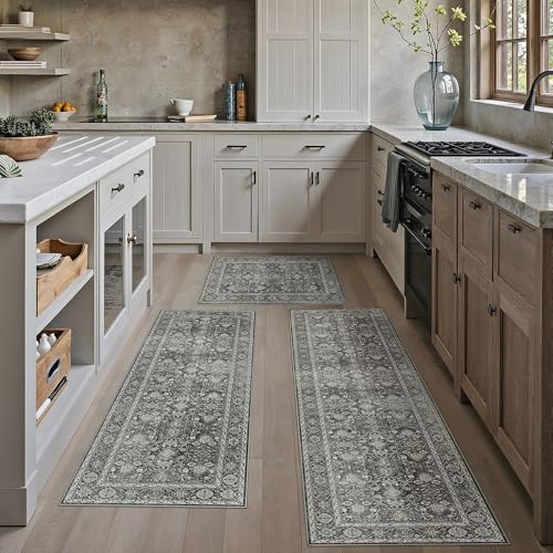 HUGEAR Beige Kitchen Rug Sets 3 Piece 20x32/20x48/20x59 Inch Vintage Oriental Medallion Entryway Washable Kitchen Mats Floor Carpet Non Slip Runner Rugs for Hallway Laundry Sink Bathroom Bei