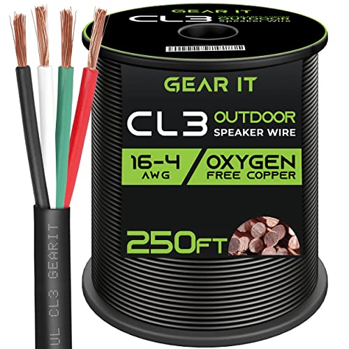 GearIT 16/4 Speaker Wire (250 Feet) 16AWG Gauge, Black 4-Conductors/Outdoor Direct Burial in Ground/in Wall / CL3 CL2 Rated - OFC Oxygen-Free Copper, Black 250ft