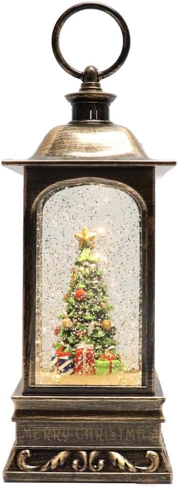 Roman 9.25" Lighted Swirl Lantern with Rotating Christmas Tree – Glitter Lantern Holiday Home Decor, USB Cord Included