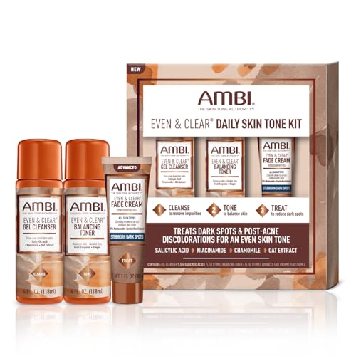 Ambi Even & Clear Daily Skin Tone Kit, 3-Step Regimen for Acne, Dark Spots & Uneven Tone, Cleanser +...