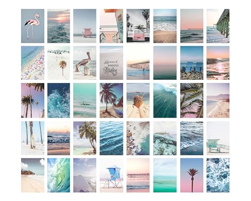 PARODY ART PRINTS 40-Piece Beach Aesthetic Wall Collage Kit – Coastal Nautical Decor in Blue, Teal, Turquoise, Pink, for Teen Rooms, Dorms, Vintage Boho Summer Vibes, 4x6 Professional Photos