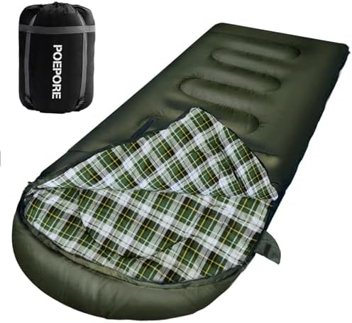 POEPORE Flannel Sleeping Bag Cotton 0 Degree Cold Weather for Adults XXL Wearable Sleeping Bag 4 Seasons Waterproof with Compression Sack