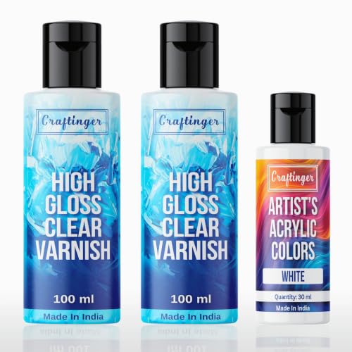 Image of Craftinger 200ml High Gloss Clear Varnish with Free 30ml Acrylic Color | Non-Yellowing NonToxic | Multi-Surface color for Canvas, Wood, Glass & More | Set for Adults, for Artists, students & Hobbyists