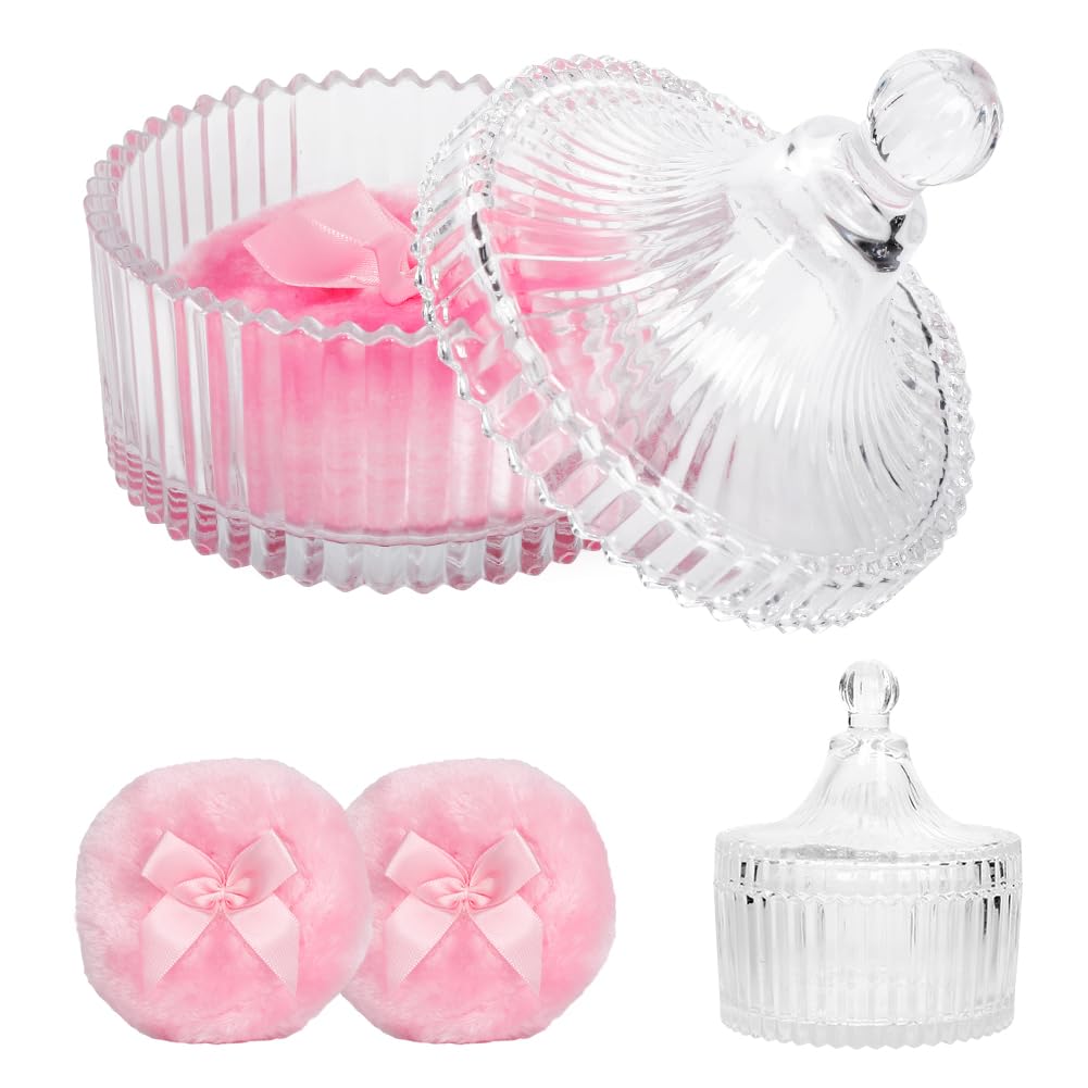 Large Body Powder Puff and Container - Crystal Clear Dusting Powder Container with 2 Soft Power Puffs for Women Baby Dusting Powder