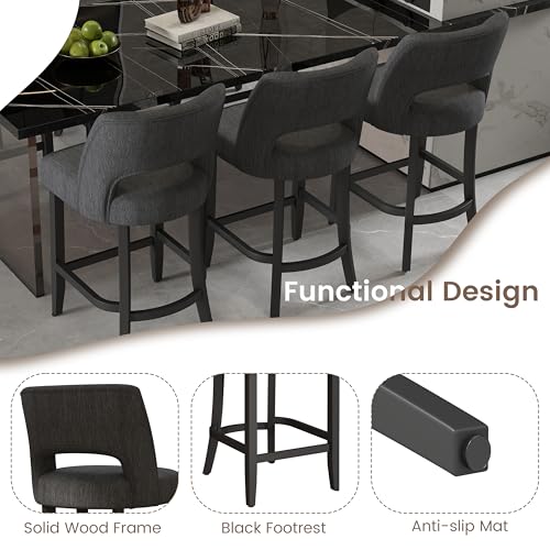 Image of VKNOW Bar Stools Set of 6, 26 inch Upholstered Counter Height Bar Stools | Modern Counter Stools with Black Rubberwood Legs for Kitchen Island Dining Room Bar, Dark Grey-Black Legs