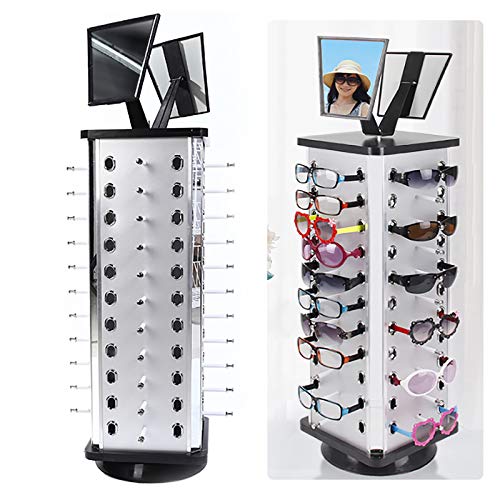 Sunglass Organizer Rack, 44 Pairs Sunglasses Display Stand Eyeglass Rack, 360° Rotating Eyewear Holder with Mirror, Commercial Rotating Sunglass Rack Glasses Counter Display Rack for Retail (Square)