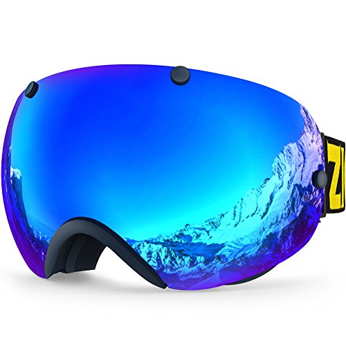ZIONOR XA Ski Snowboard Snow Goggles for Men Women Anti-fog UV Protection Spherical Dual Lens Design (VLT 18.4% Black Frame Revo Blue Lens)