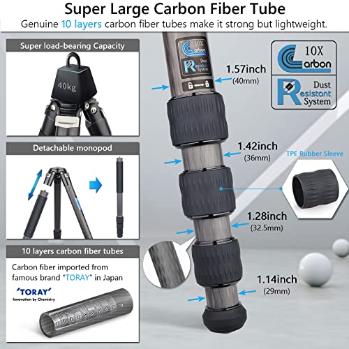 Carbon Fiber Camera Tripod Monopod 40Mm Tube Diameter Heavy Duty Camera Tripod Monopod Professional Travel Tripod Monopod For Heavy Duty Camera, Video Camcorder, Max Load 88Lb/40Kg(Cs90C) #TOP4
