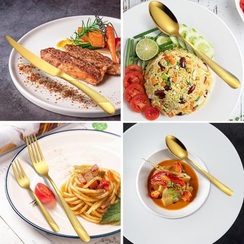 Image of Aurum Gold French Style Silverware Set | 5-Piece Hammered Flatware with 2-in-1 Serrated Knife | 18 /10 Stainless Steel Cutlery Set | Perfect for Home, Restaurant & Festive Gifting