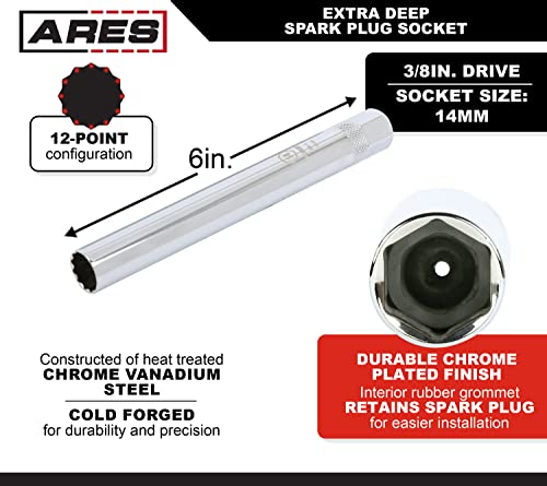 Ares 11030 - Extra Deep 14Mm Thin Wall Spark Plug Socket – 3/8-Inch Drive Spark Plug Socket – 6-Inch Long Thin Wall 12-Point Socket For Superior Reach And Coverage #TOP1