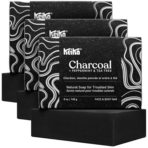 Image of Keika Charcoal Black Soap Bar for Eczema, Psoriasis, Face, Body, Men Women Teens with Oily Skin, 5 oz. (Charcoal, 3-Pack)