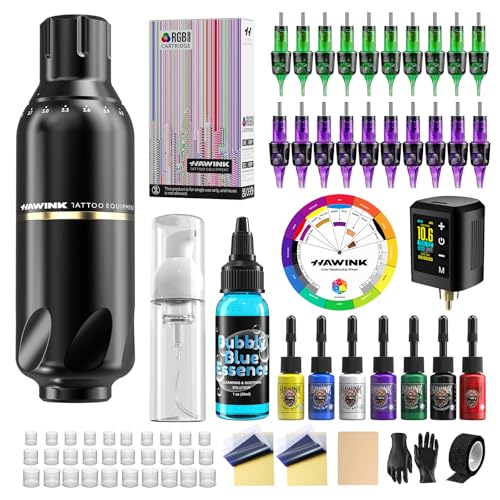 HAWINK Kit de Máquina de Tatuaje Inalámbrica con Batería 1600mAh Modo Normal/Punteado, 20 Cartuchos de Aguja 7 Tintas para tatuaje Jabón Azul Tatto Kit Completo para Principiantes HW TKP304AEU 9