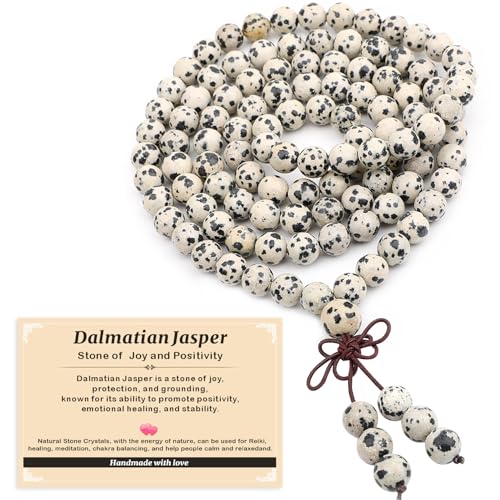 AD Beads 8mm 108 Prayer Mala Dalmatian Jasper Elastic Bracelet - Positivity - Handmade Yoga Meditation Healing Power Energy Gifts for Unisex Adult.