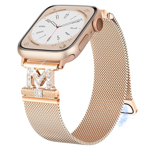 Stainless Steel Milanese Loop Magnetic Clasp Band For Apple Watch Band 45mm 44mm 42mm 49mm, Diamond Bracelet for Women, Cute Strap for iWatch Series 9/8/7/6/5/4/3/2/1/SE/Ultra/Ultra 2-Rose G