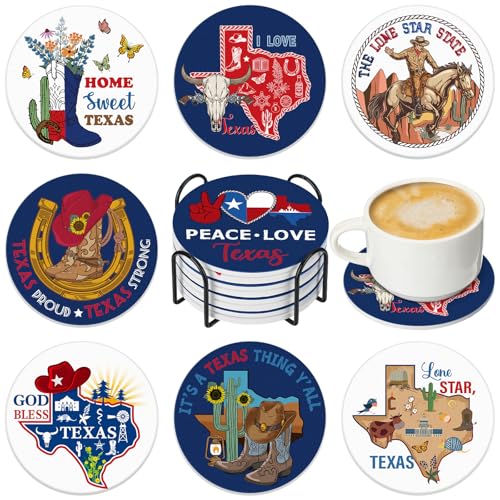 Hushee 8 Pcs Texas Souvenirs Gifts Coaster 4 Inch Round Ceramic Coasters with Absorbent Water Cork...