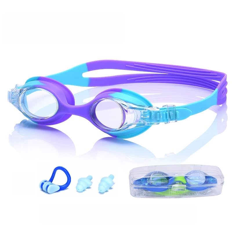 haetair Kids Swimming Goggles - Adjustable Silicone Waterproof Anti Fog UV Protection Clear Vision Swim Goggles for Boys Girls Age 3 to 14 (Blue purple)