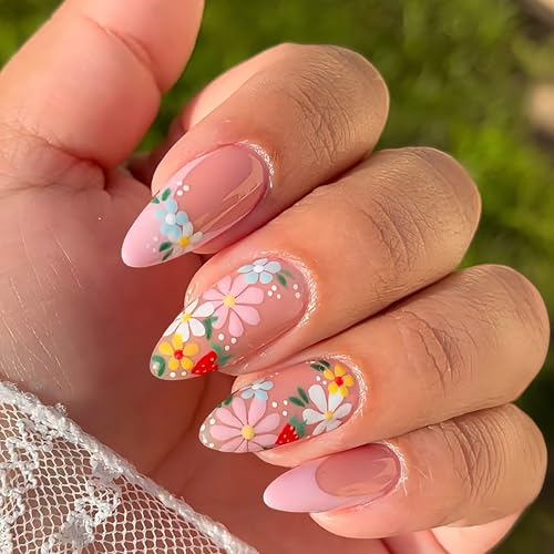 Pink French Press on Nails Almond Medium Nude Spring Summer Acryl...