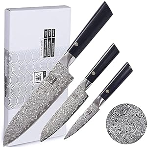Zayiko Black Edition Damastmes, professioneel mes met pakka-handvat met zwart damastmes, damastmes, santokumes, damastkeukenmes, exclusieve set van 3 messen.