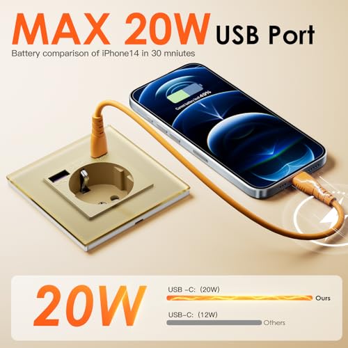 BSEED Schuko Steckdose mit USB C 20W Schnellladegerät USB Type C Wandsteckdose mit Glas Panel, 2 Fach Steckdose, USB Steckdose Unterputz, Einbausteckdose Geeignet für Phone, Pad, MP3 und mehr-Gold