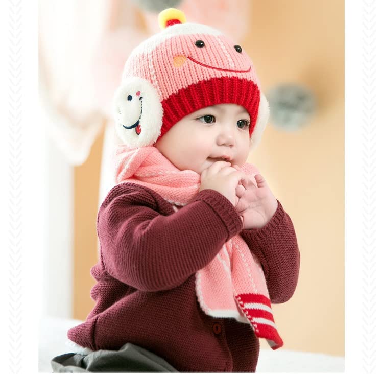 Zeki Baby Boys & Girl's Winter Warm Knitted Cartoon Design Beanie Cap with Knitted Muffler Scarf Set (Pink)-(1-3Years) 1