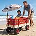 Heavy Duty Steel Wooden Garden Utility Wagon with 10” All-Terrain Air Tires, Heavy-Duty Toy Hauling Cart with Foldable Handle, Kids Outdoor Play Wagon & Yard Tool Carrier (Red)