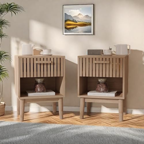 Aneutr Rattan Nachttisch, Nachttisch 2er Set Rattan Boho, Holz...
