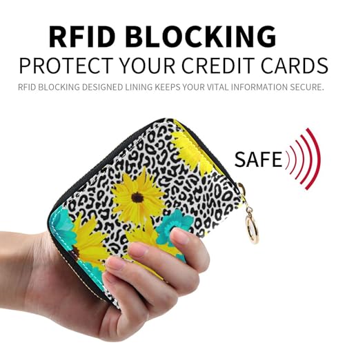 RFID Blocking Credit Card Wallets Leather Womens Wallet Zip Around Coin Purse Pouch with Zipper Yellow Turquoise Blue Flowers Black2