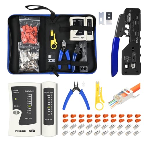 VCELINK Professionnel Network d’installation Kits, Pince à Sertir RJ45 avec 20 Connecteurs RJ45 Cat7/Cat6a Pass Through, Testeur RJ45, Mini Pince à dénuder Pour, RJ45, Sac en Tissu