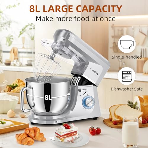 Image of Dough Mixer 8.45 QT Electric Mixer - 660W 6 Speed Large Capacity Kitchen Stand Mixer with Whisk Dough Hook Mixing Beater Household Food Mixer for Baking Cakes Cookie Bread Salad(Silver)