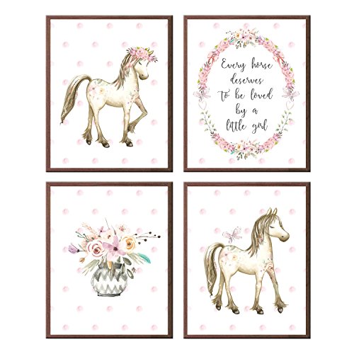Horse Wall Art Every Horse Deserves to Be Loved by A Little Girl Pink Flowers Pony (Set of 4 Prints) - //coolthings.us