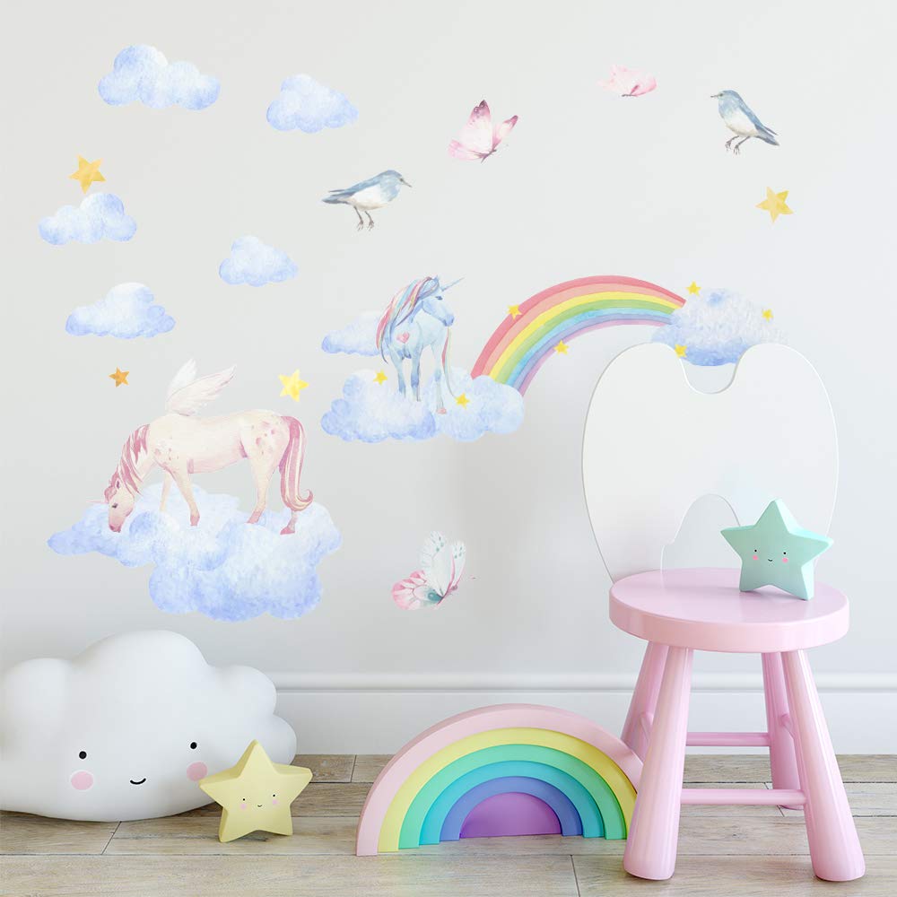 Alwayspon Kids/Girls Room Cute Unicorn Rainbow Cloud Star Wall Sticker, Removable Watercolor Wall Decals, Peel and Stick Wall Art Murals for Home Nursery Decoration Living Room Decor