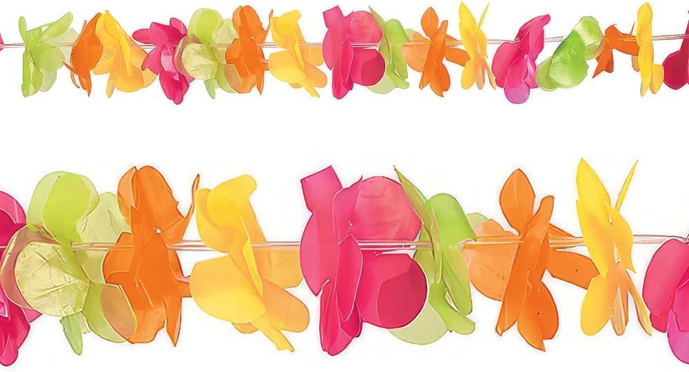 Fun Express Plastic Lei Flower Garland 100ft for Party Decorations - Hawaiian Luau Tropical Beach Pool Birthday Summer Decor | Colorful Hanging Floral Garlands for Indoor Outdoor Tiki Aloha Themed